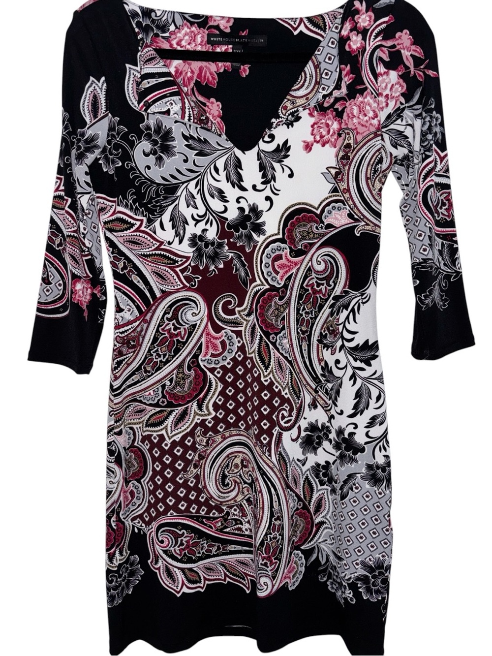 V-Neck Long Sleeve Paisley Dress in Black & Pink P2P:16”, L:33”